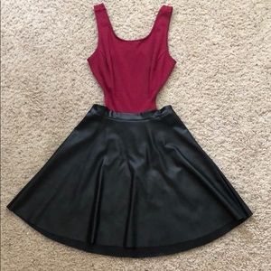 Backless Red and Black Skater Faux Leather Dress